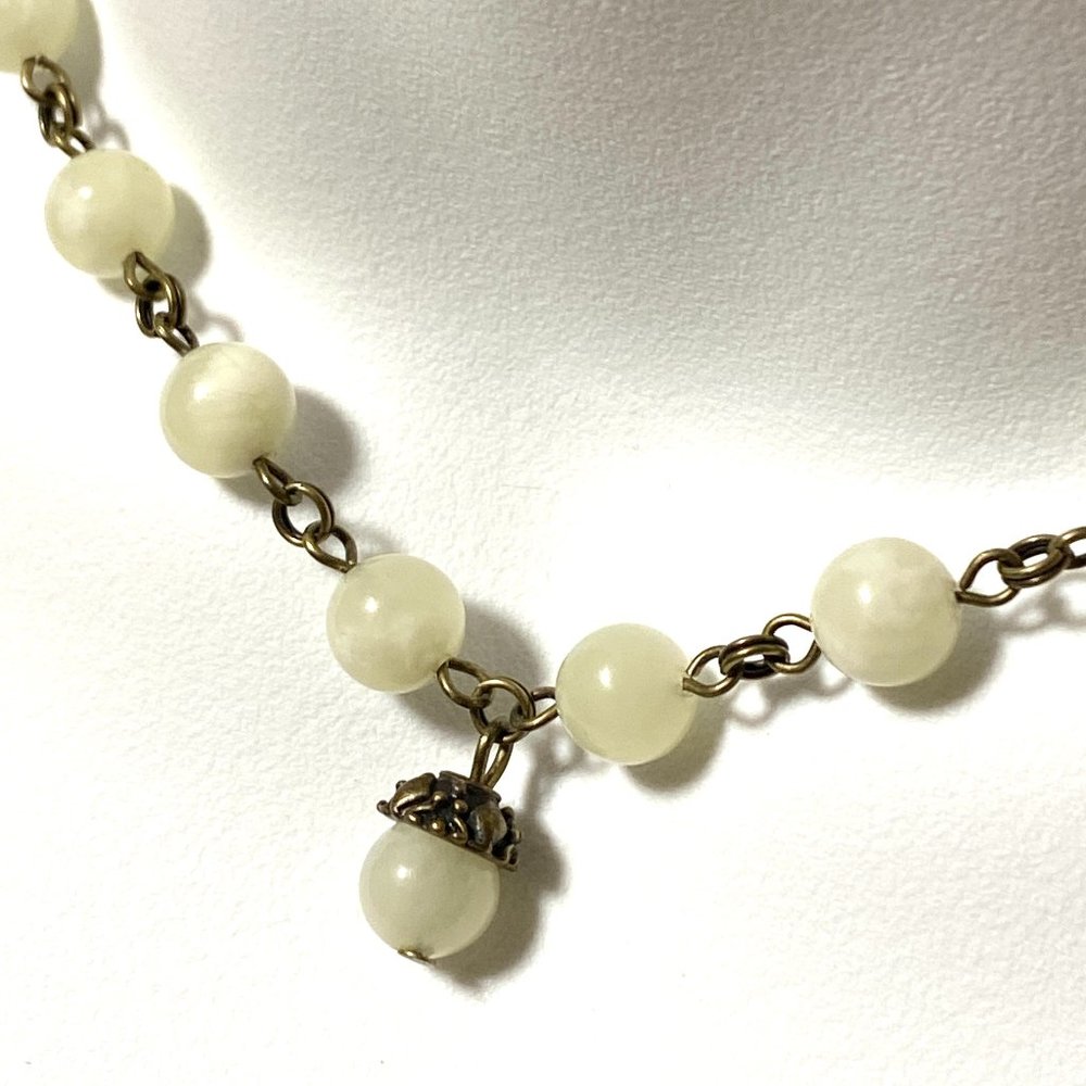 Natural Pale Green Serpentine Necklace, Cute Bronze Acorn + Genuine Gemstone